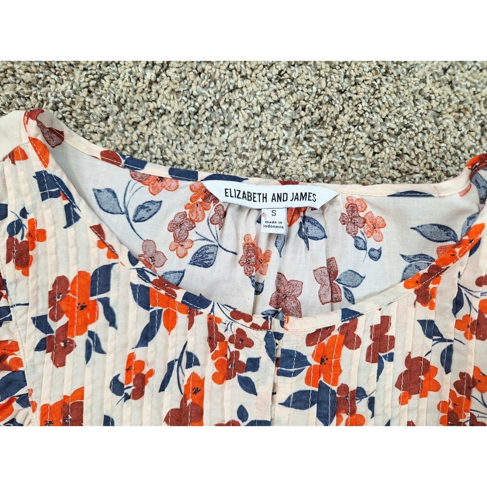 Elizabeth and James Floral Pintuck Cotton Blouse Orange Navy Cream Small - Picture 4 of 8